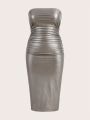 SHEIN Coolane Plus Size Women's Split Metal Feeling Strapless Maxi Dress