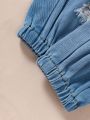 SHEIN Kids EVRYDAY Girls' (Little) Ribbed Bow Strap Cami And Denim Pants Two Piece Set