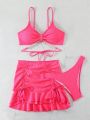 Tied & Rhinestone Decor Drawstring Solid Color Bikini Set