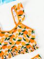Big Girls' Orange Print Swimsuit With Ruffle Edge
