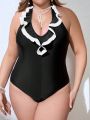 SHEIN Swim Chicsea Plus Size Women'S Color-Block Ruffle Trim Halterneck One Piece Swimsuit