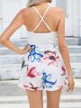 SHEIN Cut Out Halter Top & Floral Print Belted Shorts