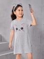 SHEIN Kids KDOMO Toddler Girls' Casual Cat Pattern Dress With Hairband