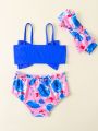 Baby Girls' Cute Floral Print Swimsuit With Random Print, Large Bowknot, Ruffled Edge, Separable Bikini Set With Hairband For Summer Vacation