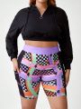 Spagnelli Plus Size Plaid Print Patchwork Leggings