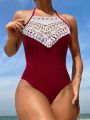 SHEIN Swim BohoFeel Lace Splice Halter One-piece Swimsuit