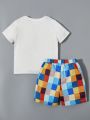 SHEIN Kids QTFun Toddler Boys' Cute Cartoon Bear Patterned Short Sleeve Top And Color Block Shorts Set