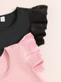 SHEIN Kids EVRYDAY Tween Girls' Lovely Elegant Ruffled Hem Multi-Color Multi-Piece T-Shirt