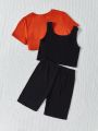 SHEIN Kids HYPEME 3pcs/set Girls' High-low Hem T-shirt & Tank Top & Shorts Set With Pattern Print