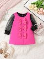 Little Girls' Elegant Butterfly Knot Pattern Long Sleeve Top And Overall Dress Set Spring & Autumn