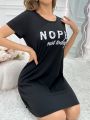 Casual Short Sleeve Women'S Sleep Dress With Letter Print And Round Neckline