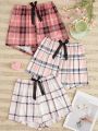 3pcs Women's Plaid Patterned Short Pajama Shorts