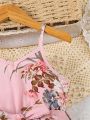 SHEIN Kids SUNSHNE New Style Little Girls' V-Neck Printed Cami Pleated Midi Dress With Shoulder Strap