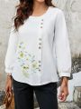 EMERY ROSE Floral Embroidery & Button Decorated Blouse