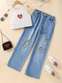 Tween Girls' Street Fashionable Casual Sleeveless Rib Knit Vest Top With Heart Print & Blue Distressed Loose Wide Leg Jeans Two Piece Set