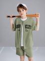 SHEIN Kids EVRYDAY Boys' Loose Fit Casual Letter Pattern Color-Block Hem Shirt And Shorts 2pcs/Set