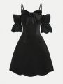 Teenage Girls' Elegant Off-Shoulder Bodycon Dress With Large Bow Decoration