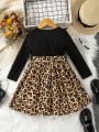 SHEIN Kids QTFun Little Girls' Leopard Printed Long Sleeve Dress With Lace Detailing