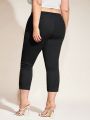 SHEIN BASICS Plus Size Women'S Knitted Zipper Ankle Slit Cropped High Waist Leggings