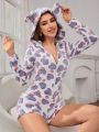 Heart Print 3D Ear Design Hooded Zipper Front Flannel Romper