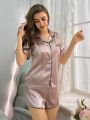 Women'S Color Blocking Hem Short Sleeve Shirt And Shorts Pajama Set