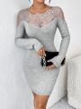 SHEIN Privé Color-block Lace Panel Long Sleeve Sweater Dress