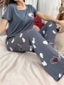 Colorful Heart Pattern Printed Short Sleeve Top And Pants Pajamas Set