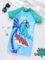Young Boys' One-Piece Short Sleeve Dinosaur Printed Swimsuit