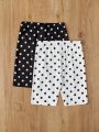 SHEIN Kids EVRYDAY Teen Girls' Knitted Solid Color Polka Dot Print Shorts Set