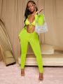 SHEIN Slayr Neon Lime Tie Front Plunging Neck Unitard Jumpsuit Without Lingerie Set