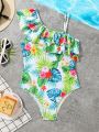 Tween Girl's One Piece Swimsuit With Random Floral Print And Ruffle Trim Without Stitching Edge