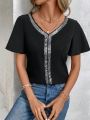 Women's Sparkly Butterfly Sleeve Shirt With Patchwork