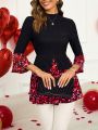 EMERY ROSE Women'S Patchwork Heart Print Stand Collar Top