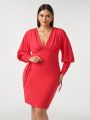 MOCHEI Plus Plunging Neck Drawstring Sleeve Bodycon Dress