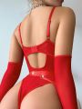 Solid Underwire Garter Teddy Bodysuit With 1pair Oversleeves