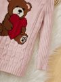 SHEIN Toddler Girls' Teddy Bear & Heart Design High Neck Long Sleeve Sweater Dress