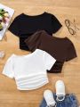 SHEIN Kids EVRYDAY Tween Girls' 3pcs Knitted Round Neck Fitted Ruched Casual T-Shirts