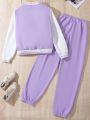 Teenage Girls' Casual Color Block Ribbed Jacket & Elasticized Jogger Pants Set