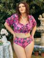 SHEIN Swim Mod Plus Size Butterfly Print Short Sleeve Tankini Set With Lace Detailing