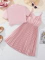 SHEIN Kids FANZEY Tween Girl Woven Solid Color Short Sleeve Turn-Down Collar Top + Woven Pleated Cami Strap Long Skirt Set