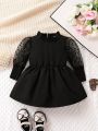 Baby Girl Contrast Dobby Mesh Puff Sleeve Dress