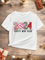 Teen Girls' Casual 2024 New Year Printed Short Sleeve T-Shirt, Suitable For Summer