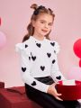 SHEIN Kids FANZEY Big Girls' Love Heart Print Short Flying Sleeve Tee With Frilled Collar