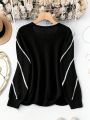 SHEIN LUNE Plus Striped Pattern Surplice Neck Button Detail Sweater