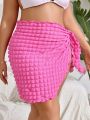 SHEIN Swim Basics Women's Plus Size Solid Color Bubble Knit Cardigan & Skirt Set With Knot Detail