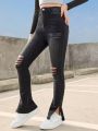 SHEIN Teen Girls' Y2k Street Style Irregular Hole Black Jeans Flared Pants, High Waist & Stretchy