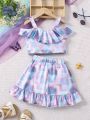 SHEIN Kids FANZEY Young Girls' Tie-Dye Print Swimsuit Two Piece Set For Summer