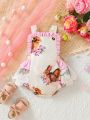 Baby Girl Easter Bunny Printed Backless Lace Hem Multi-Layer Skirt Overall Dress