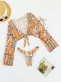 SHEIN Swim Y2GLAM Printing Patchwork Split Swimsuit Three Piece Set With Front Tie