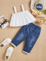 SHEIN Infant Girls' Casual Solid Color Sleeveless Top With Elastic Waist Denim Pants Set